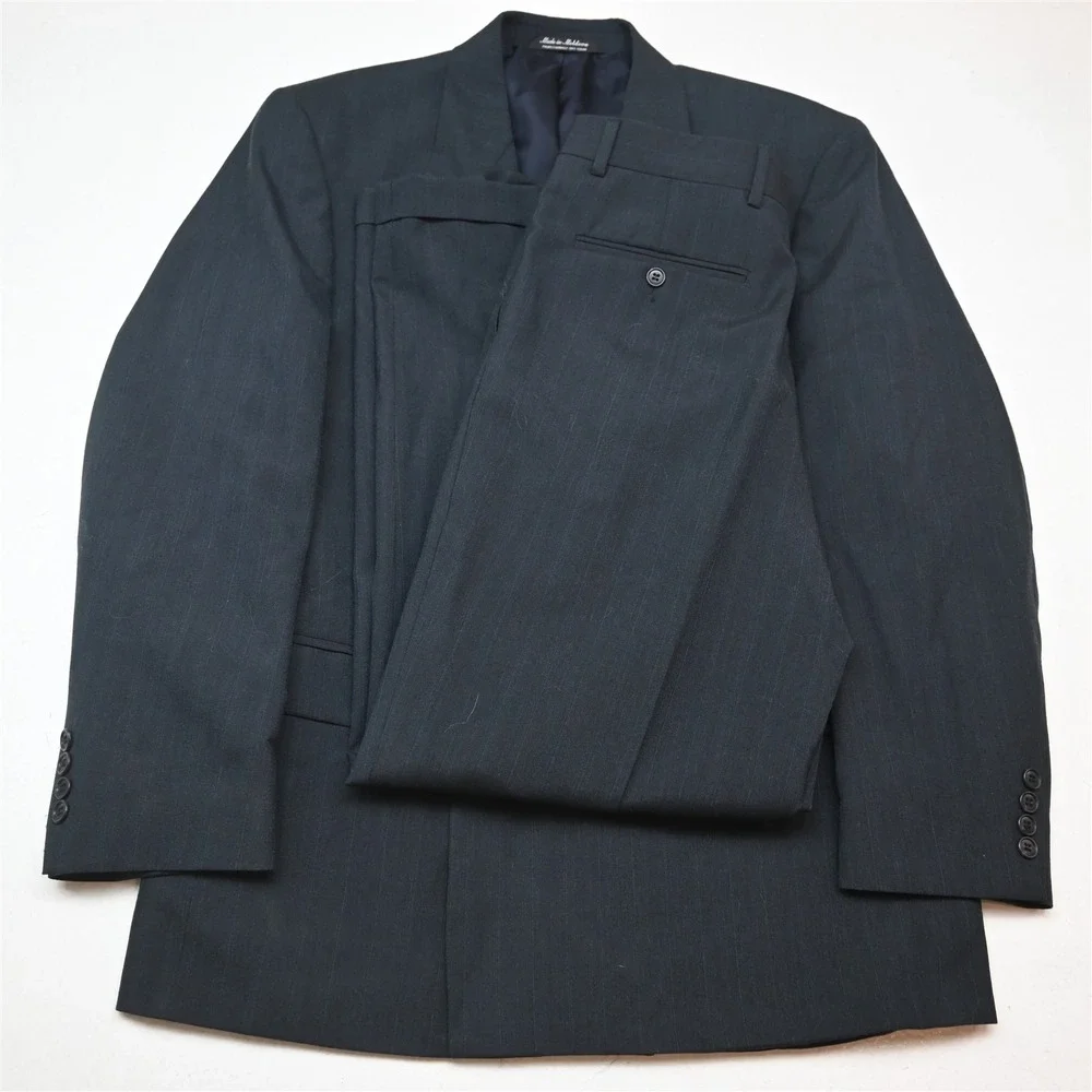 Vtg Y2K 2000s Double Breasted 38S 32x30 Blue Striped Wool Mens Jacket Pants Suit